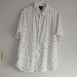 For The Republic Button Up Shirt Men XL White Palm Tree All Over Print 100%Linen